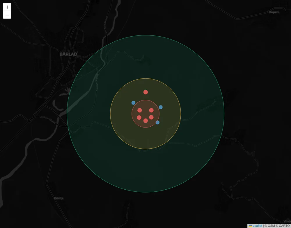 CarpatDome C2 radar map replaying the scripted scenario fpv-saturation-defense: concentric engagement zones, three logical sensor nodes and multiple simulated hostile tracks converging on the protected asset. Synthetic scenario data, not a live-hardware detection.