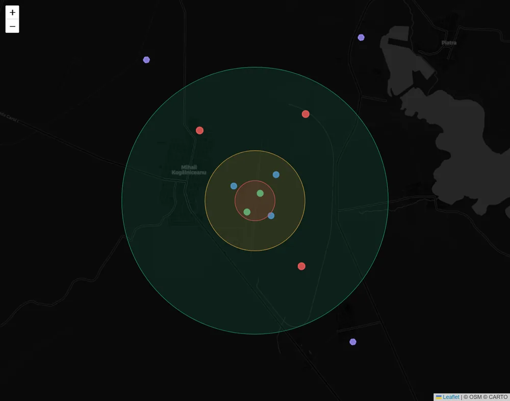 Simulated C2 radar map over Mihail Kogălniceanu air base during a scripted swarm-raid scenario — layered engagement zones and synthetic tracks across the logical node mesh.